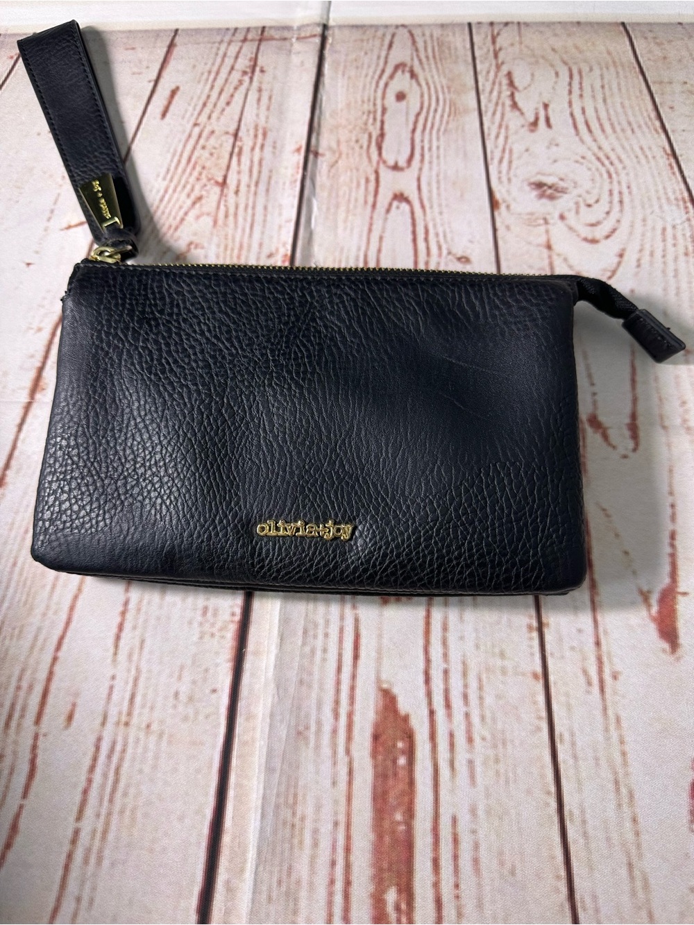 Olivia + Joy Black Pebbled Leather Wristlet Clutch with Gold Logo